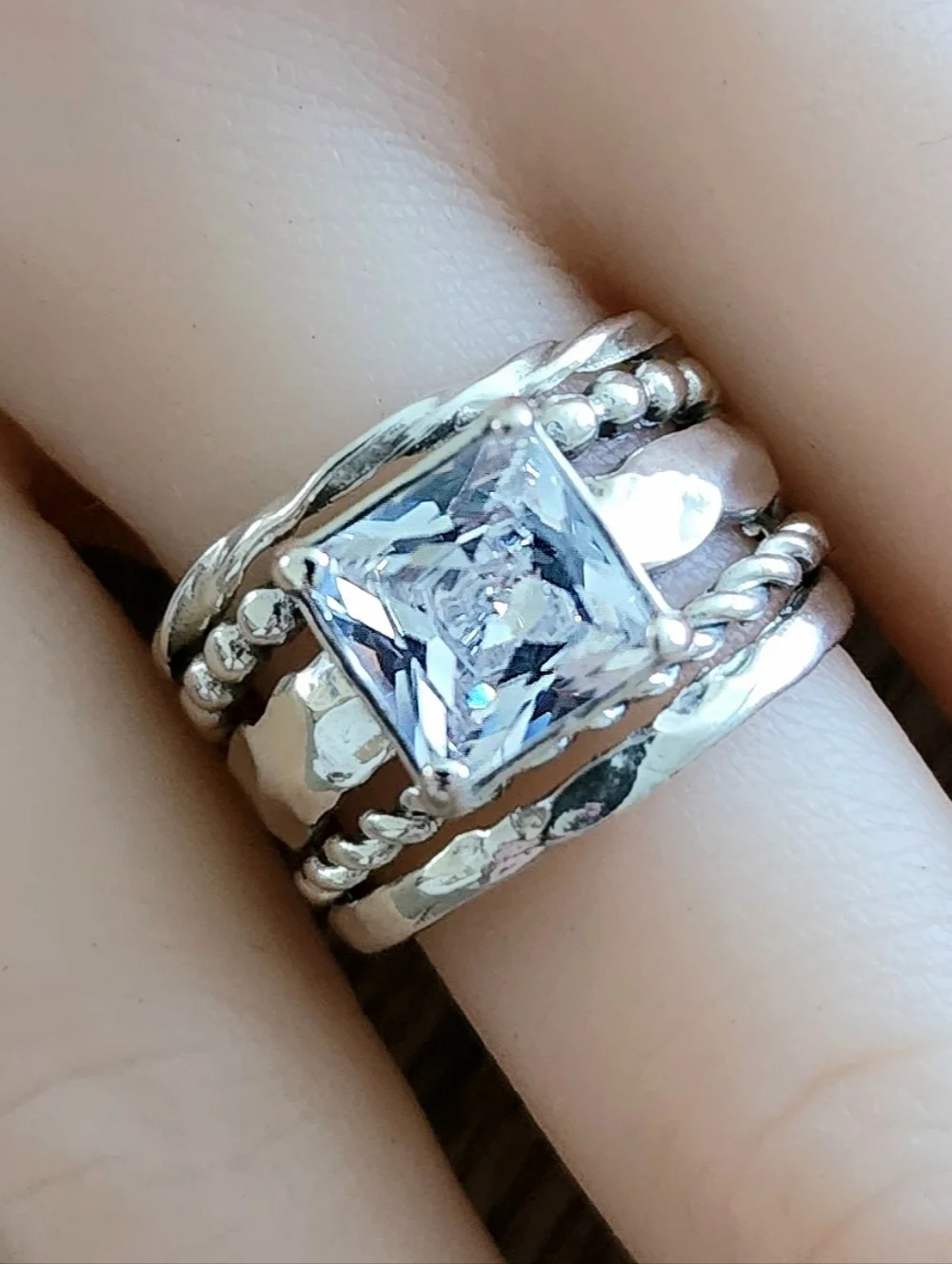 Noa Zuman Signed Sterling Silver 925 Clear CZ Stone Hammered 6.5 Ring Israel - Picture 4 of 12